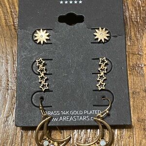 Area Brass 14K Gold Plated Sun Stars & Moon Earrings